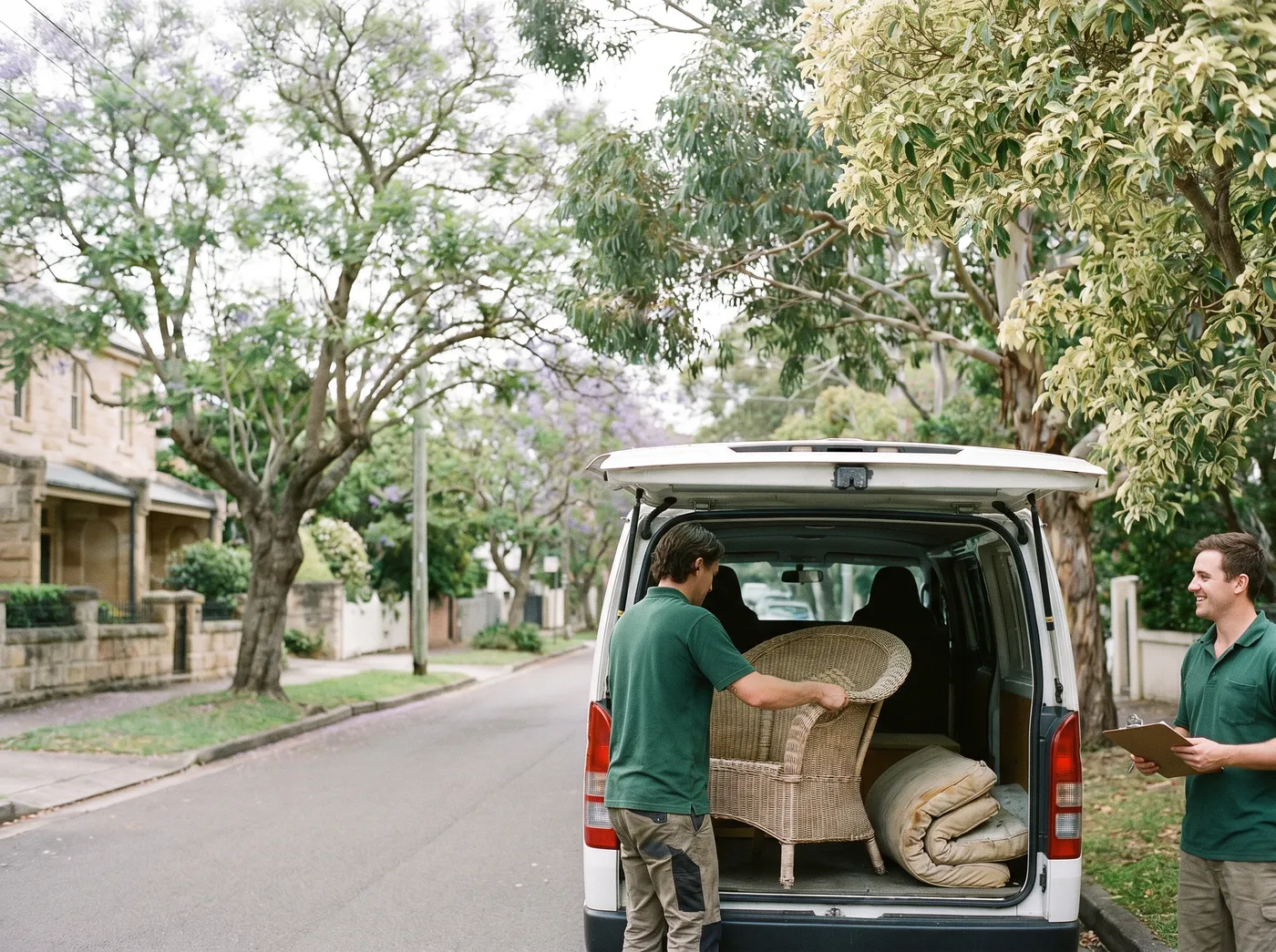 A crew member loading a salt-weathered wicker outdoor armchair into a plain white van on a quiet leafy Beauty Point street