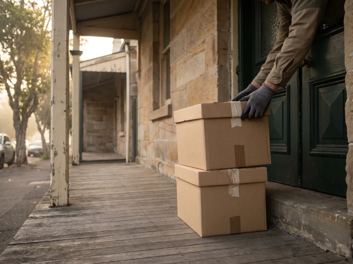 Two taped archive cartons on the verandah of a sandstone house, steadied by a gloved hand, ready for the courier