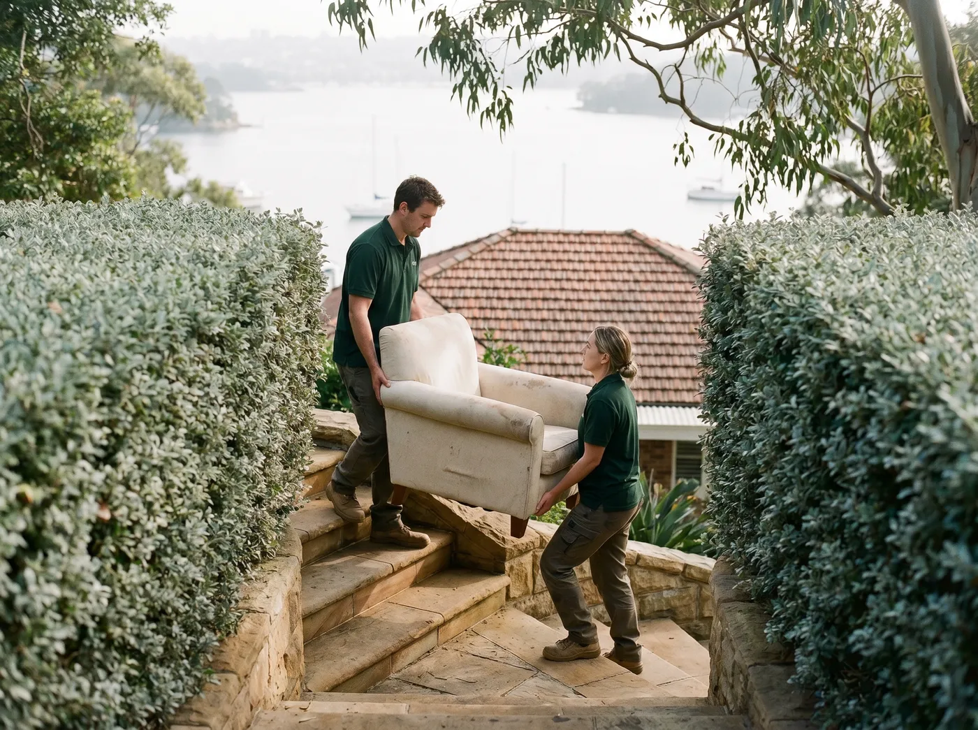 Two crew carrying a fabric armchair carefully up a long sandstone garden stair between hedges, harbour water beyond