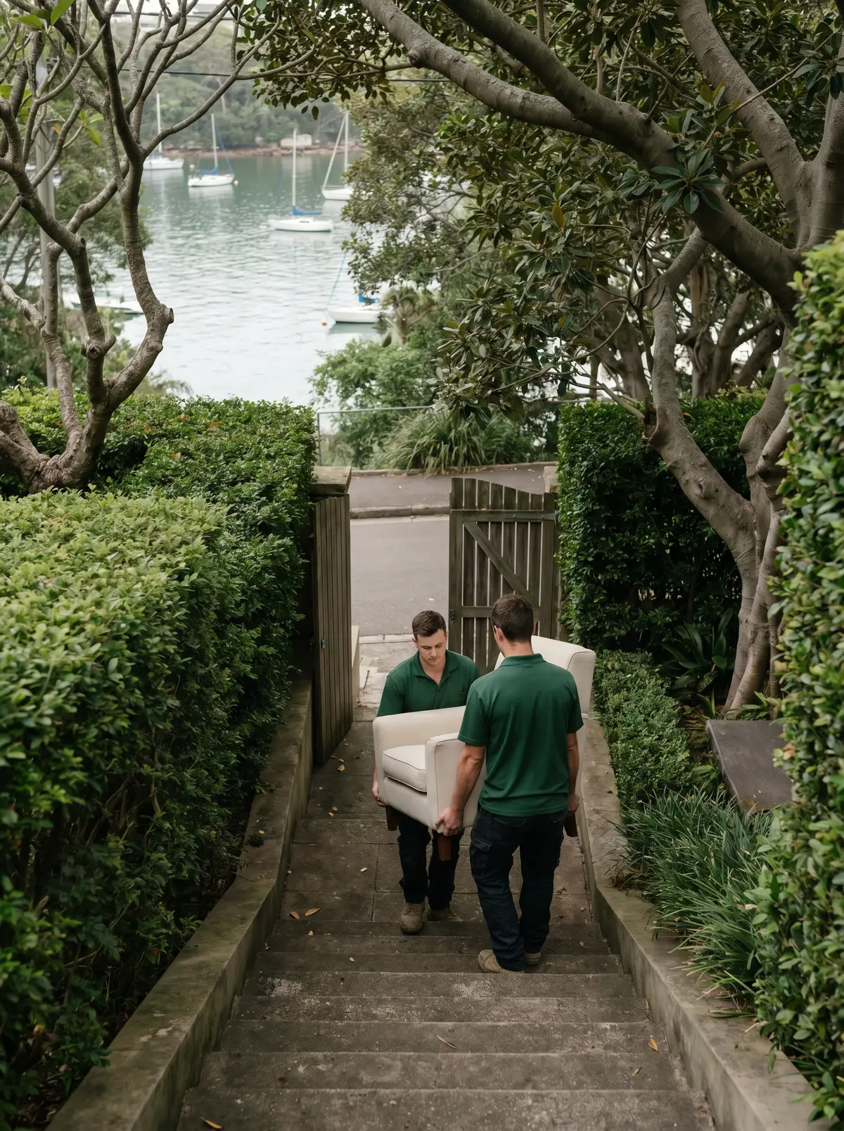 Two crew carrying a cream armchair down a long garden stair between hedges on Cremorne Point, with still harbour water and moored boats below