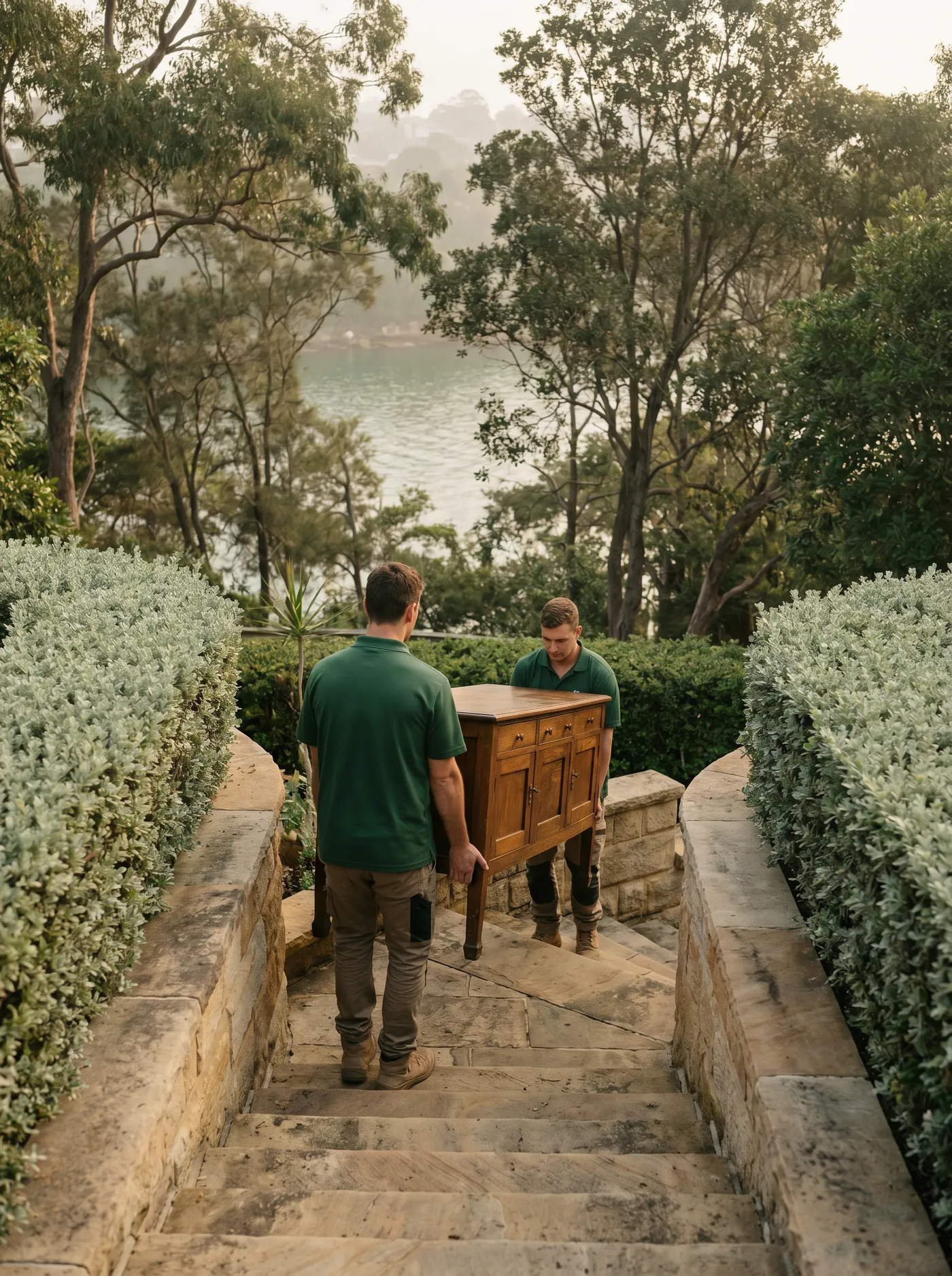 Two crew carrying a timber sideboard down a long sandstone garden stair, harbour water below