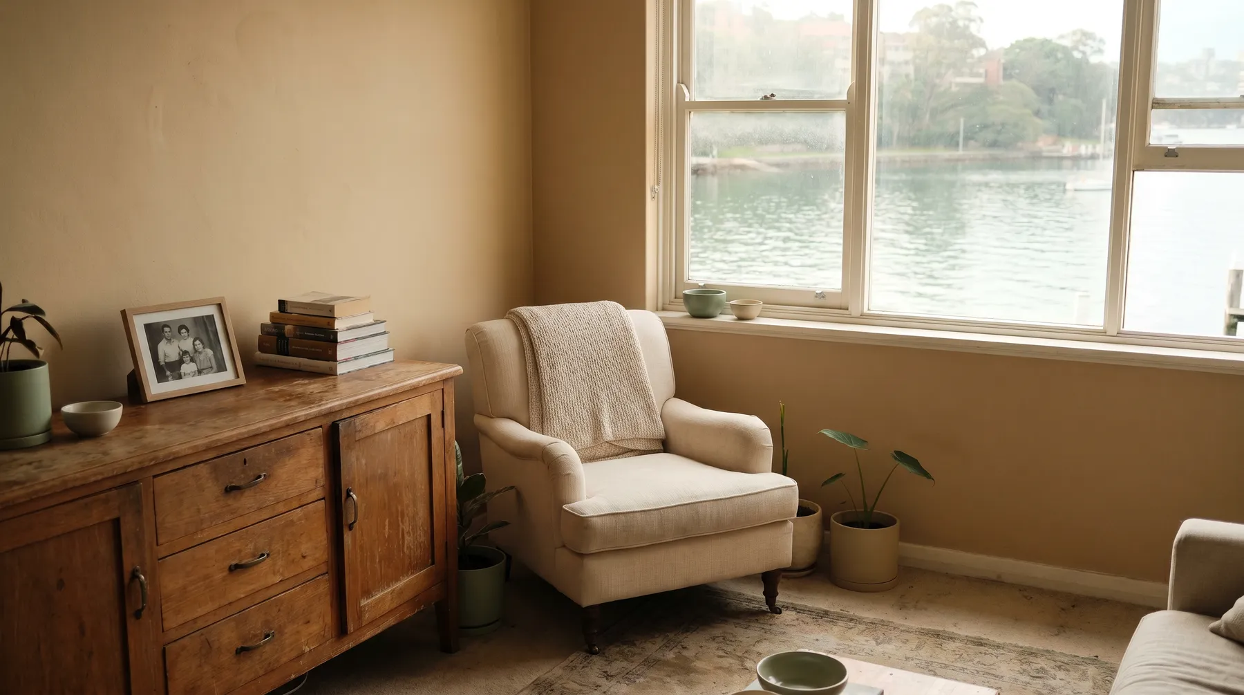 A bright apartment living room with harbour water through the window, a well-loved timber sideboard and familiar armchair settled among fewer things