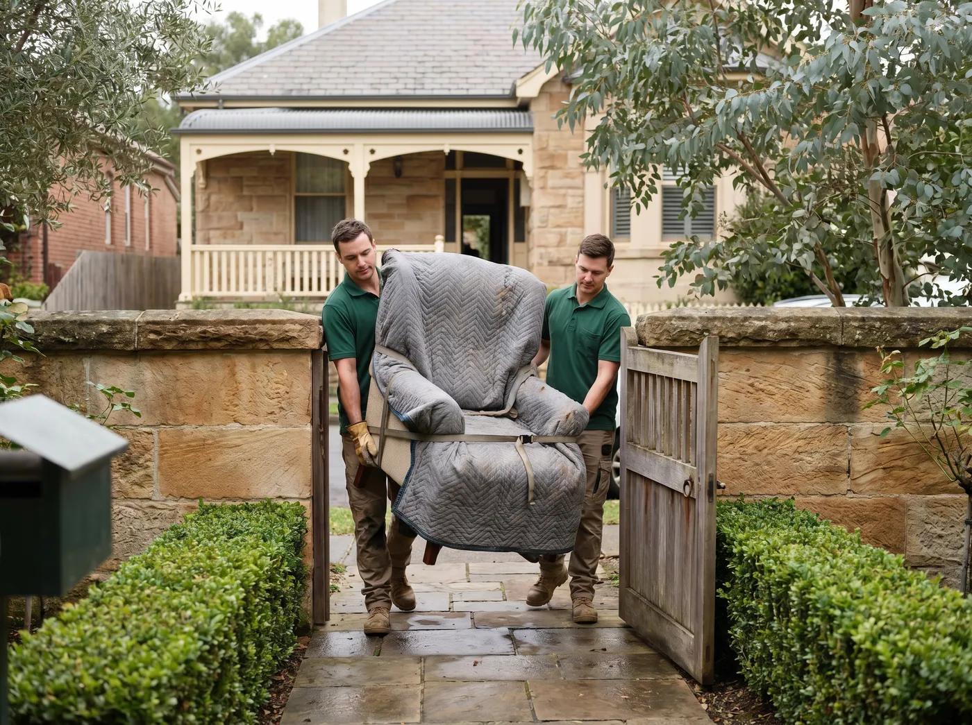 A crew member carrying a padded armchair along a garden path while another holds the front gate open