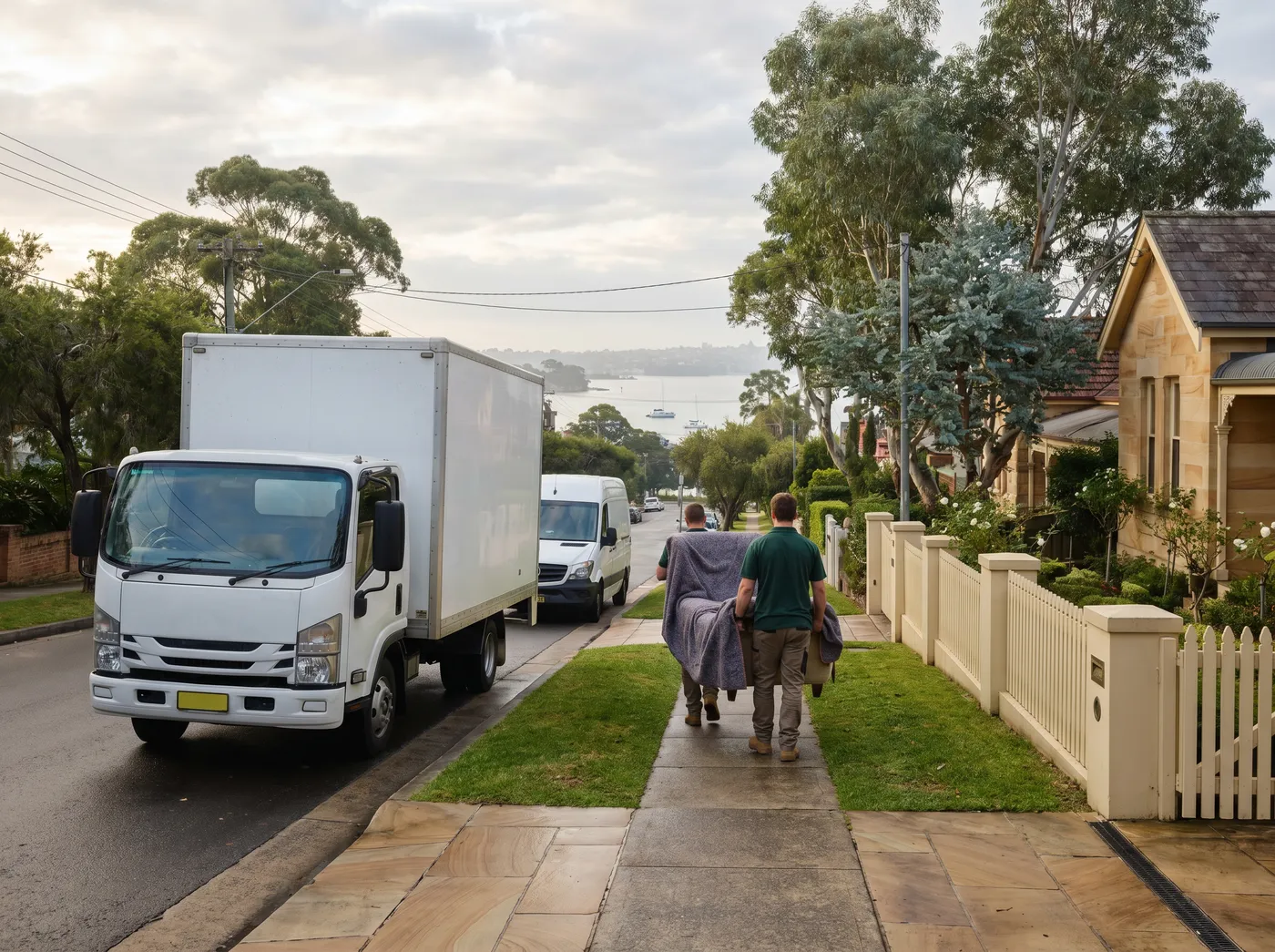 A furniture truck and a plain white van parked along a leafy street while two crew carry a padded armchair along the footpath