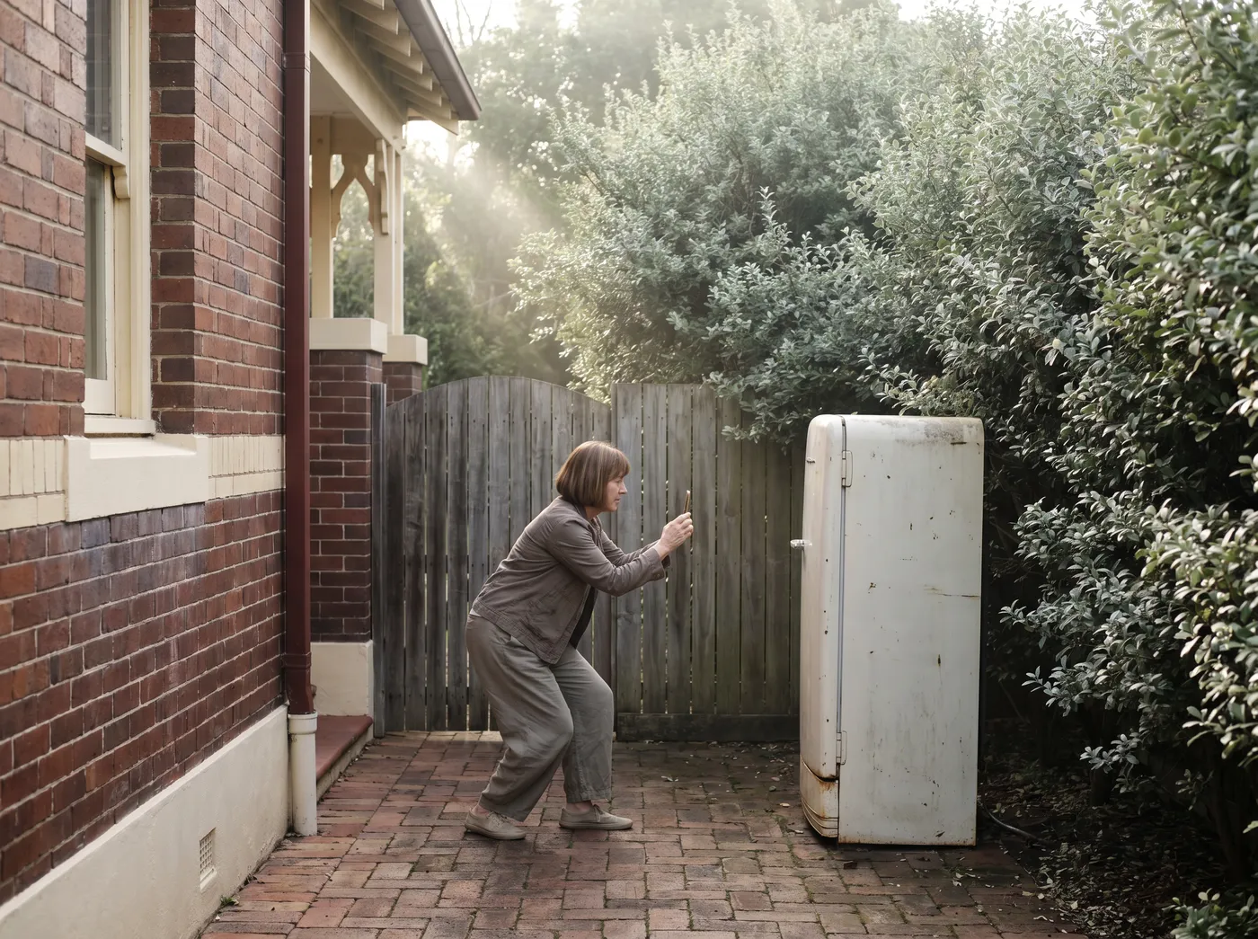 A woman photographing an old refrigerator on the side path of a Federation house with her phone
