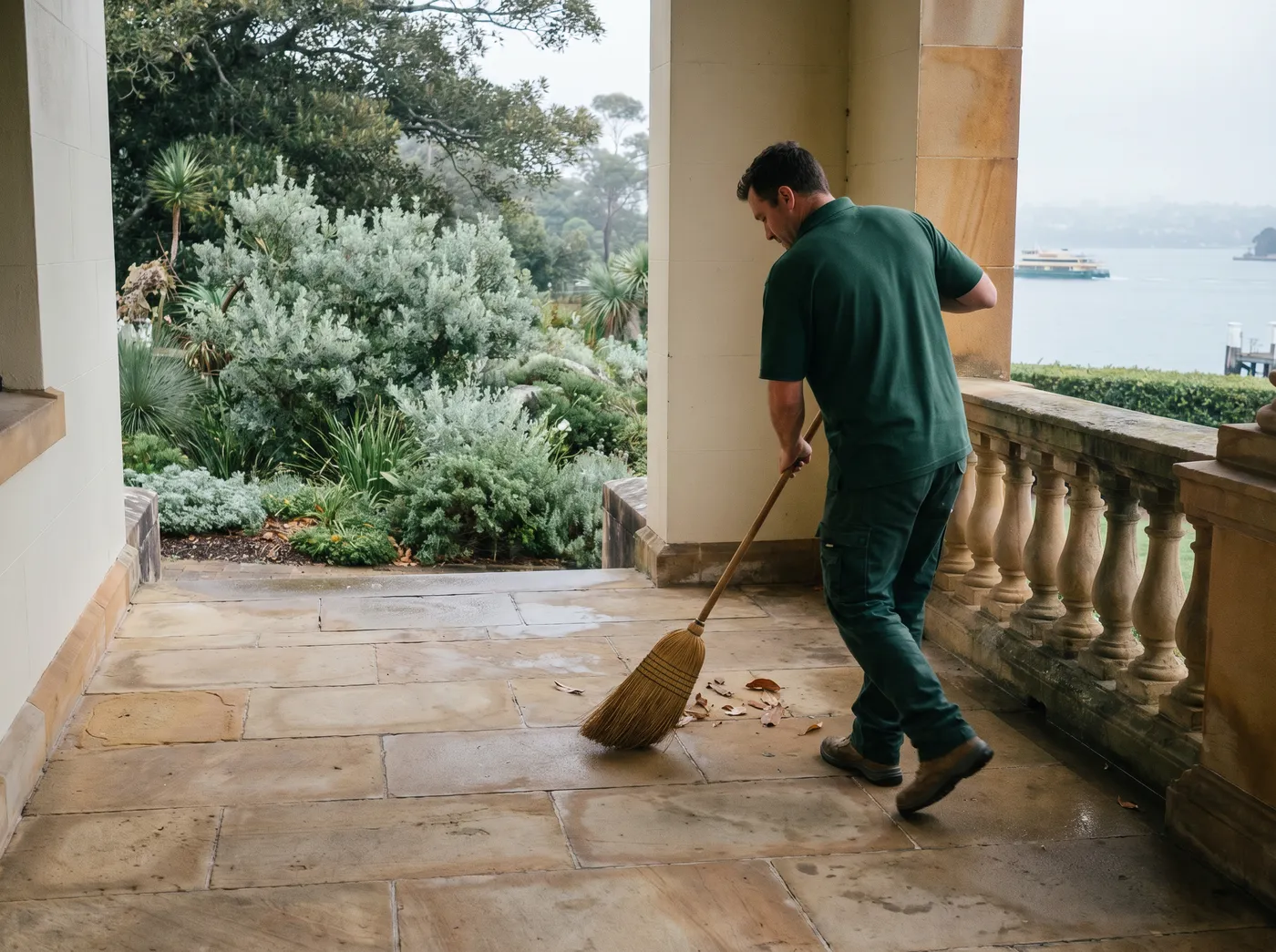 A crew member sweeping the emptied corner of a sandstone verandah, harbour water beyond the garden