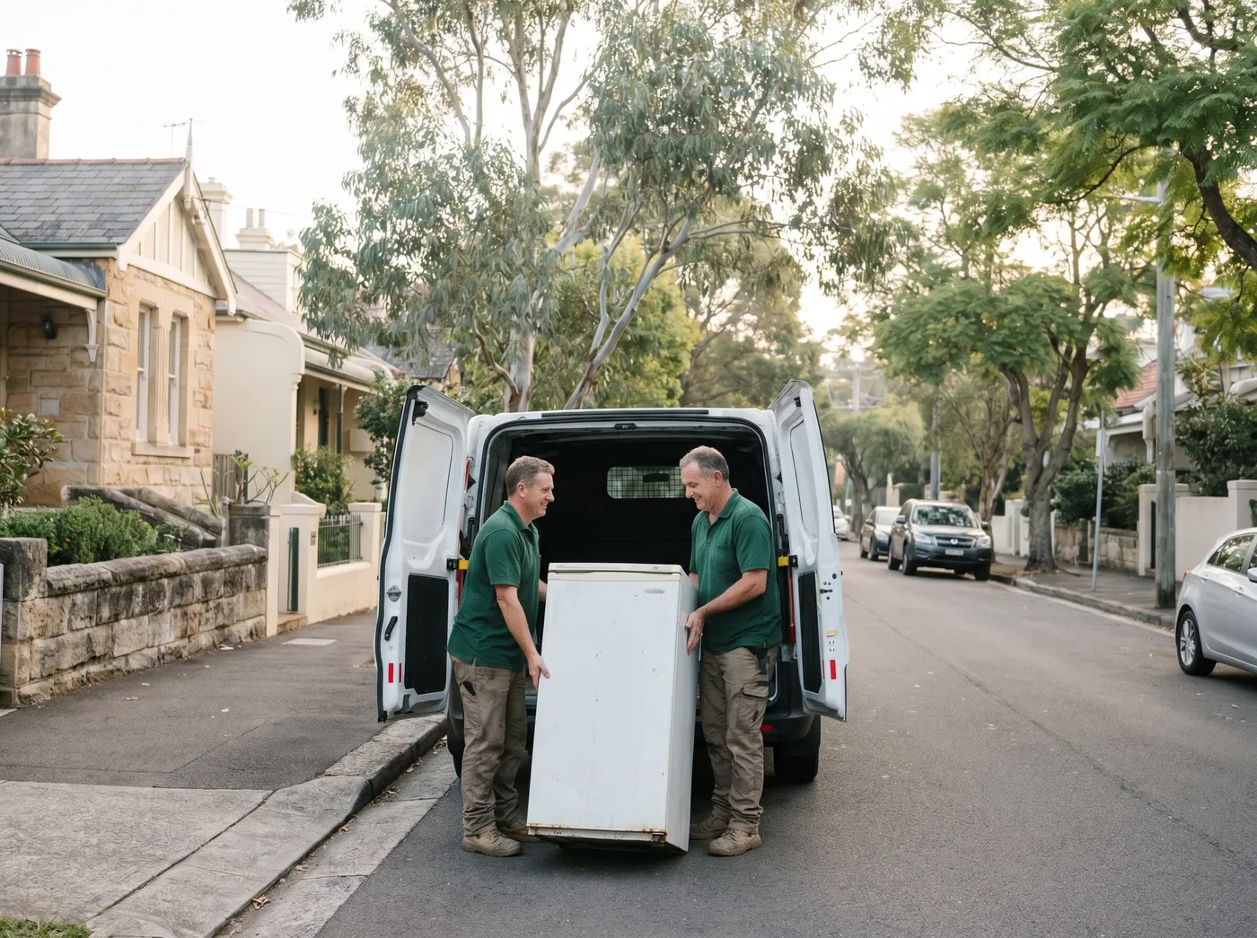 Two crew loading an old refrigerator into a plain white van on a leafy street of Federation houses