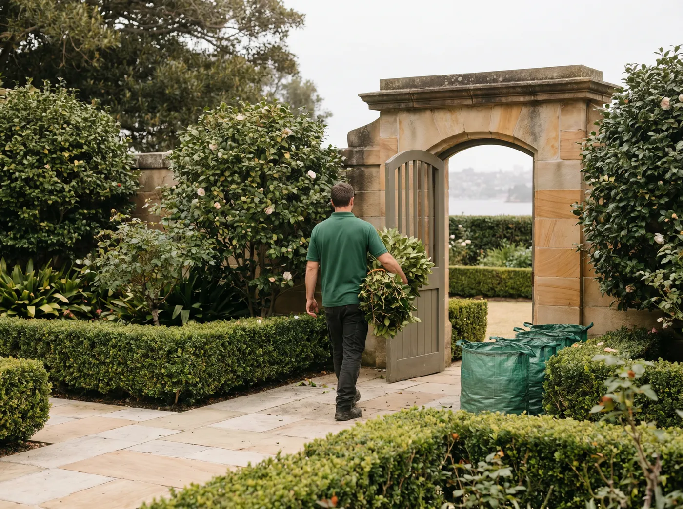 A crew member carrying bundled hedge trimmings through a sandstone garden gate in an established harbour garden