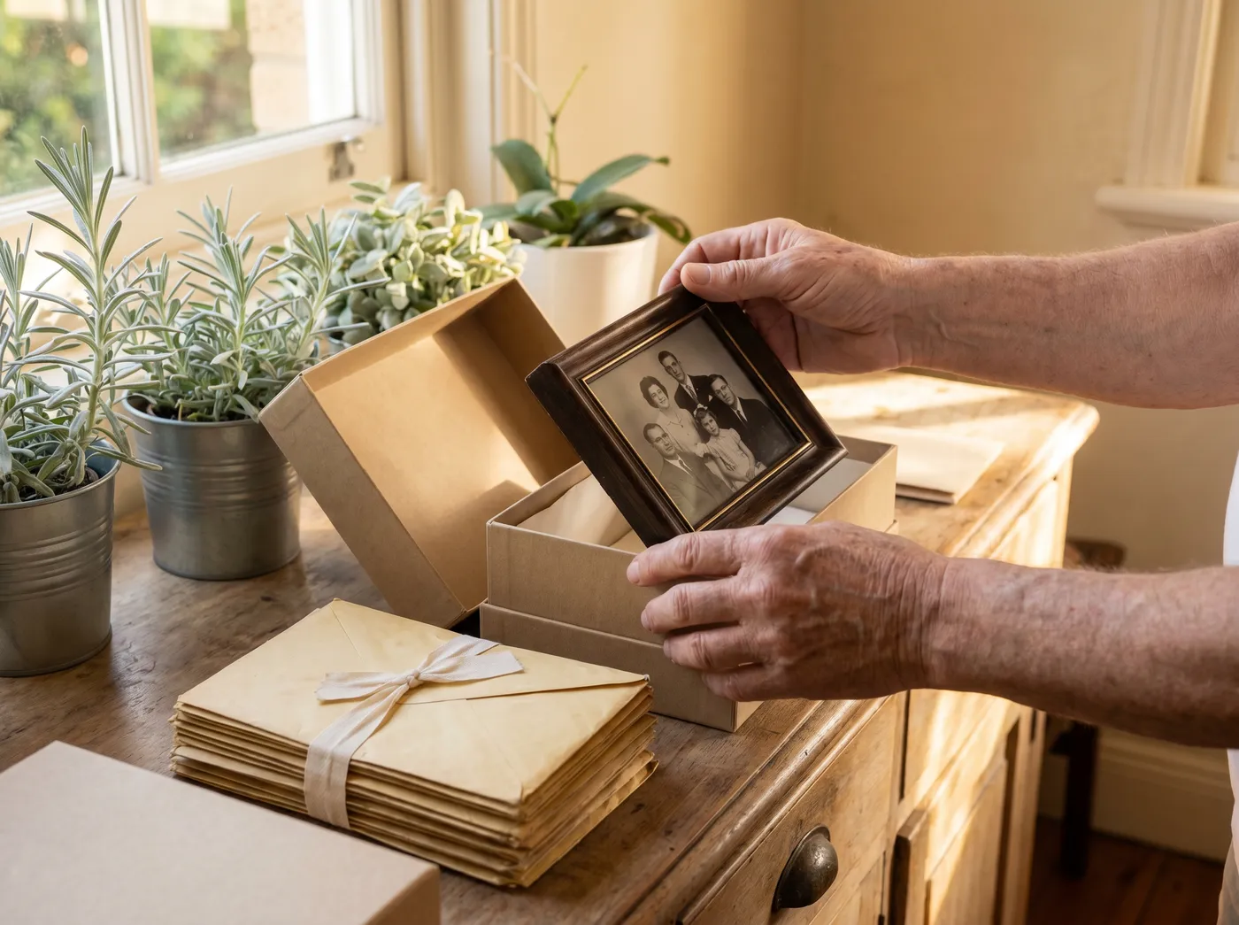 Hands setting a framed family photograph into an archive box beside bundled letters