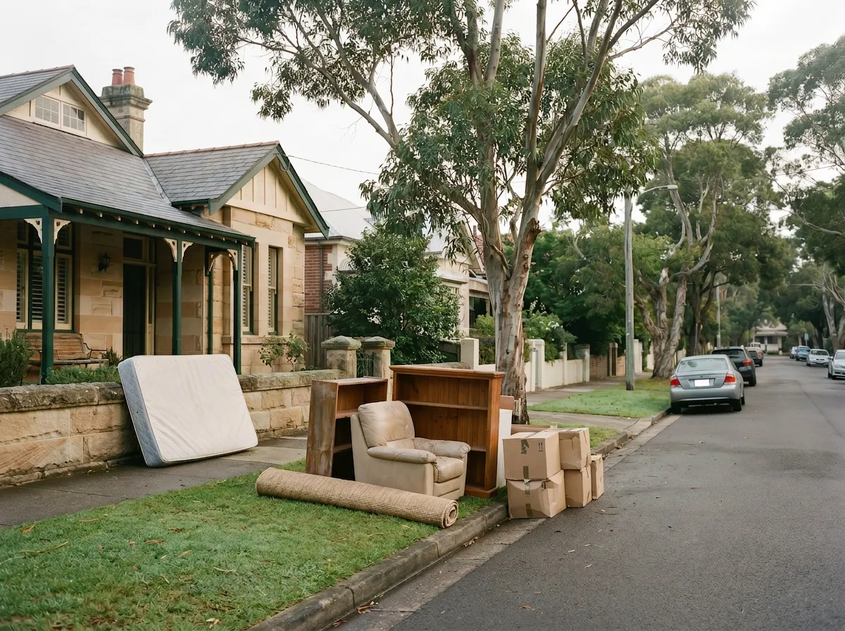 A neatly stacked council cleanup pile of furniture and boxes at the kerb of a leafy Mosman street, with a mattress leaning separately against the front fence
