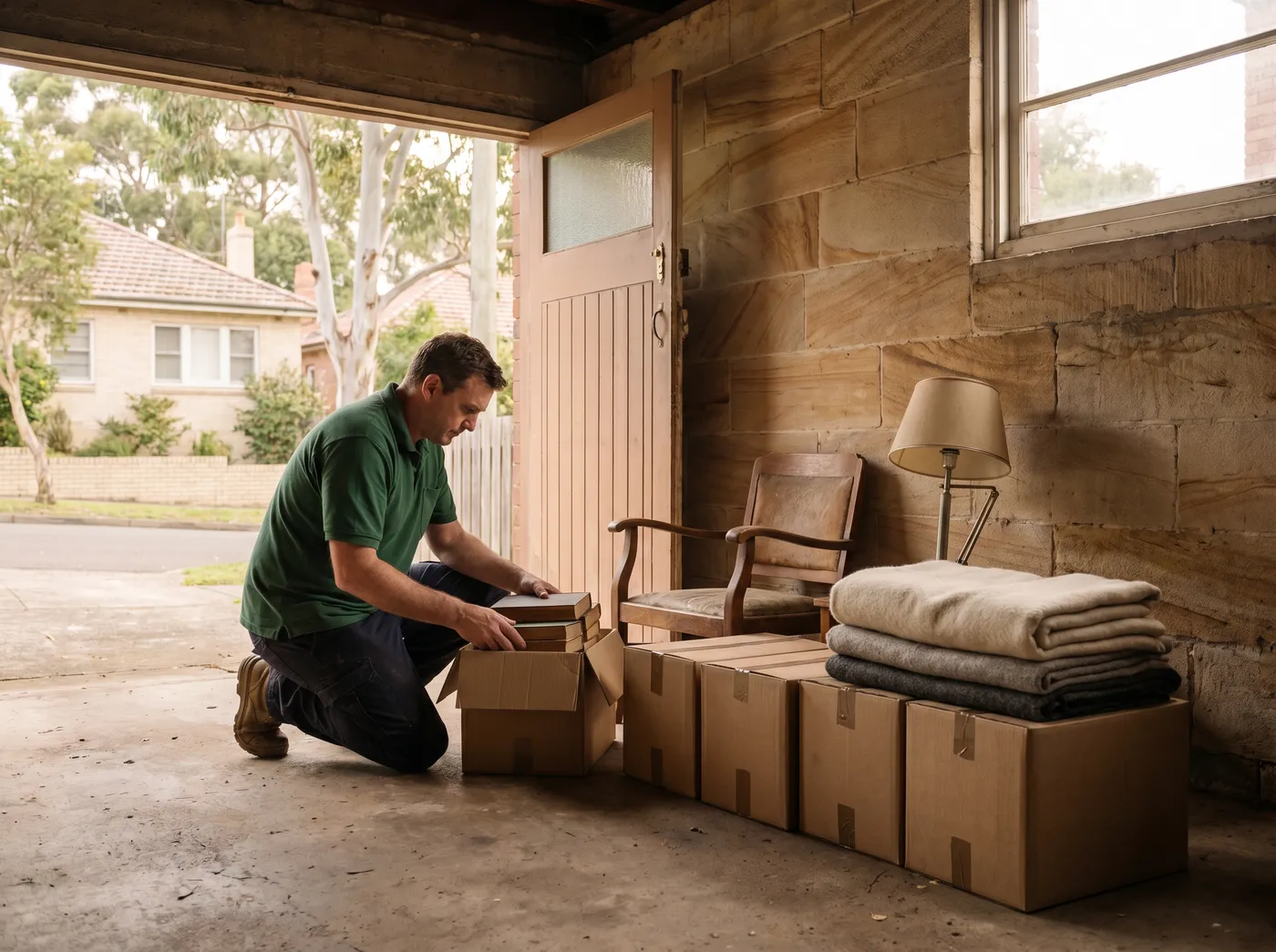 A crew member packing books into a box in a sandstone garage beside folded blankets and a chair set apart for donation