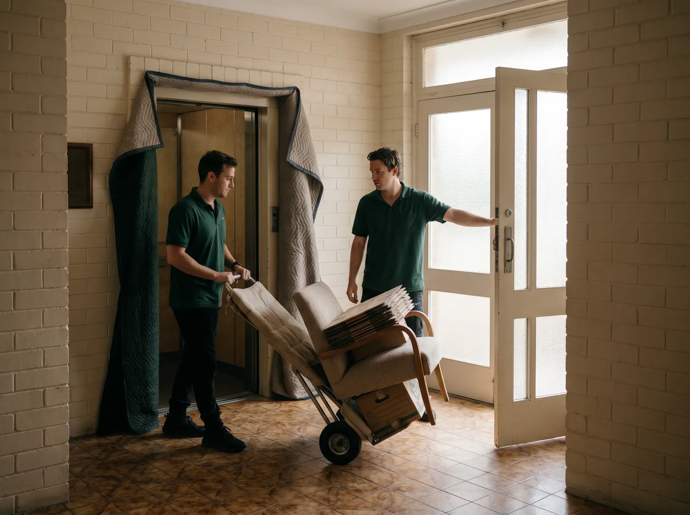 A crew member wheeling a padded trolley of flattened boxes and a small armchair through the lobby of a brick apartment building while another holds the door, the lift doorway hung with protective padding
