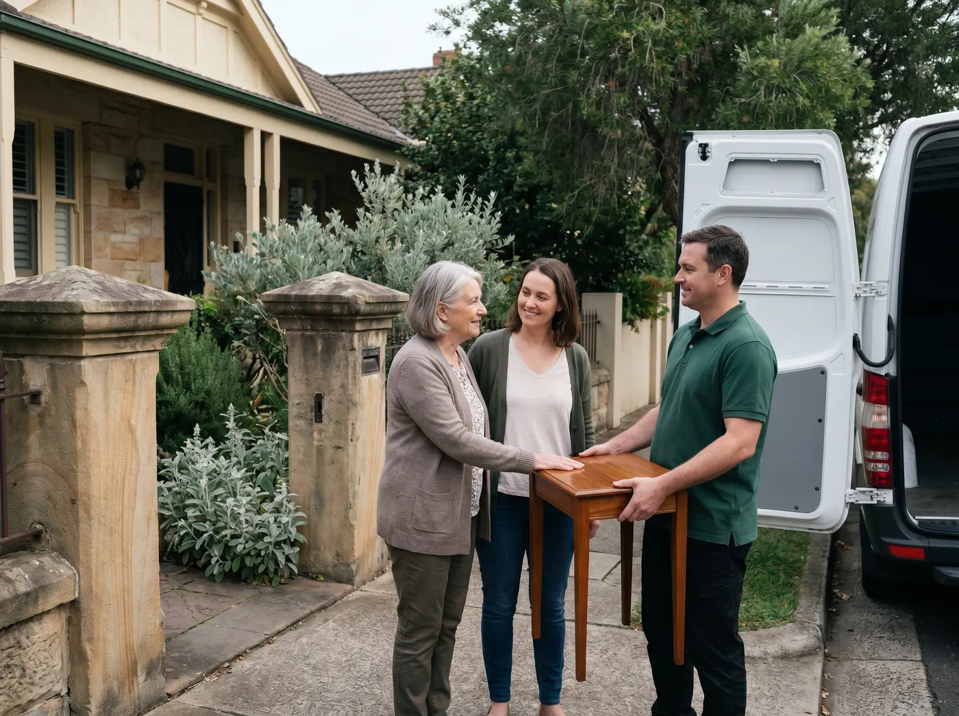 A crew member in a plain green polo steadies a polished timber side table at a sandstone front gate while an older woman rests her hand on it and her adult daughter smiles, the open white van waiting at the kerb